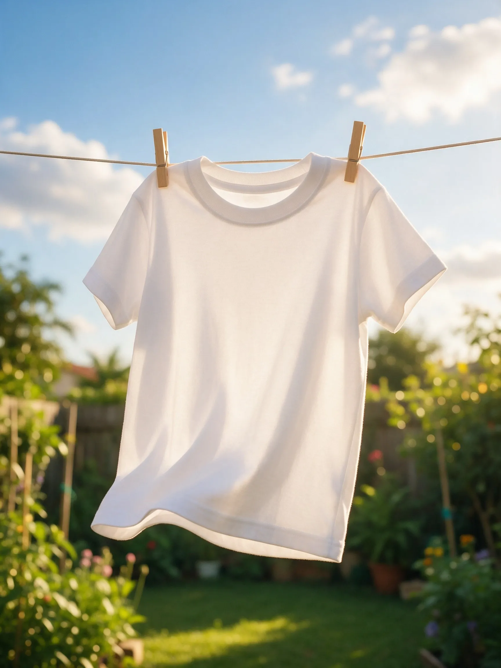 Camiseta branca limpa secando no varal