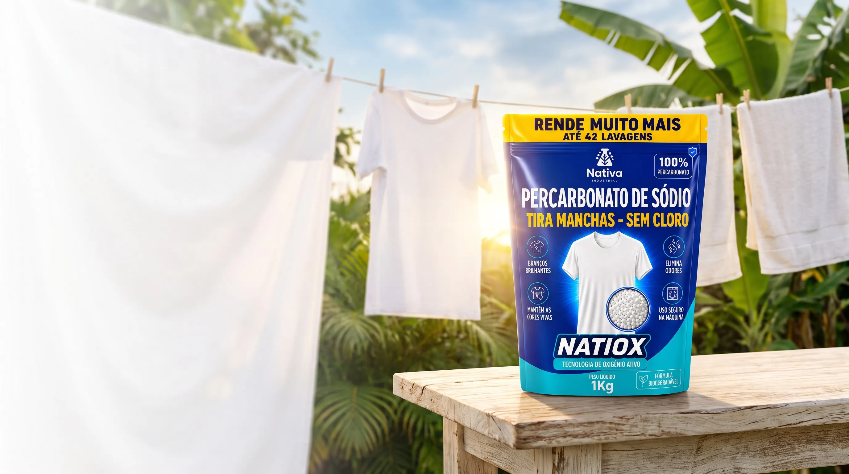 Embalagem de 1 kg do Natiox sobre uma mesa ao ar livre, com roupas brancas no varal ao fundo